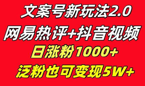 文案号新玩法 网易热评+抖音文案 一天涨粉1000+ 多种变现模式 泛粉也可变现-专业网站源码、源码下载、源码交易、php源码服务平台-游侠网